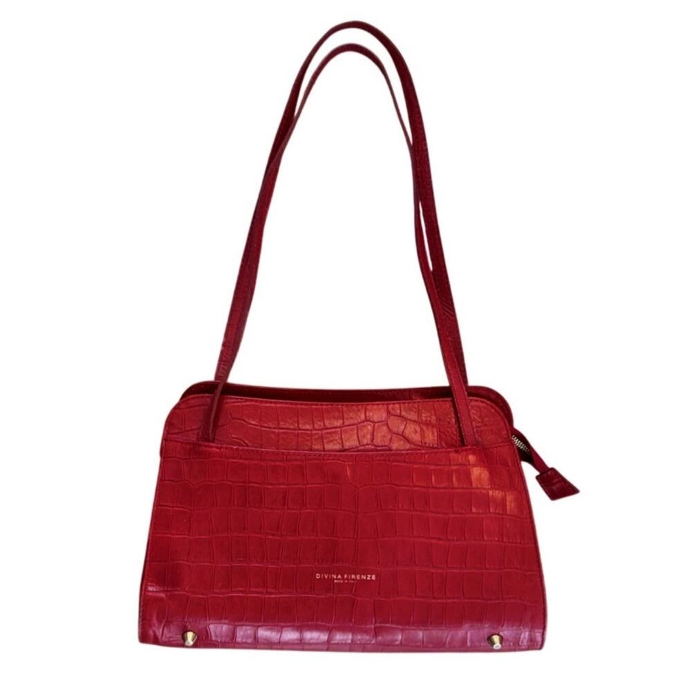 Divina Firenze Red Shoulder Bag Genuine Leather Croc Pattern Made in Italy